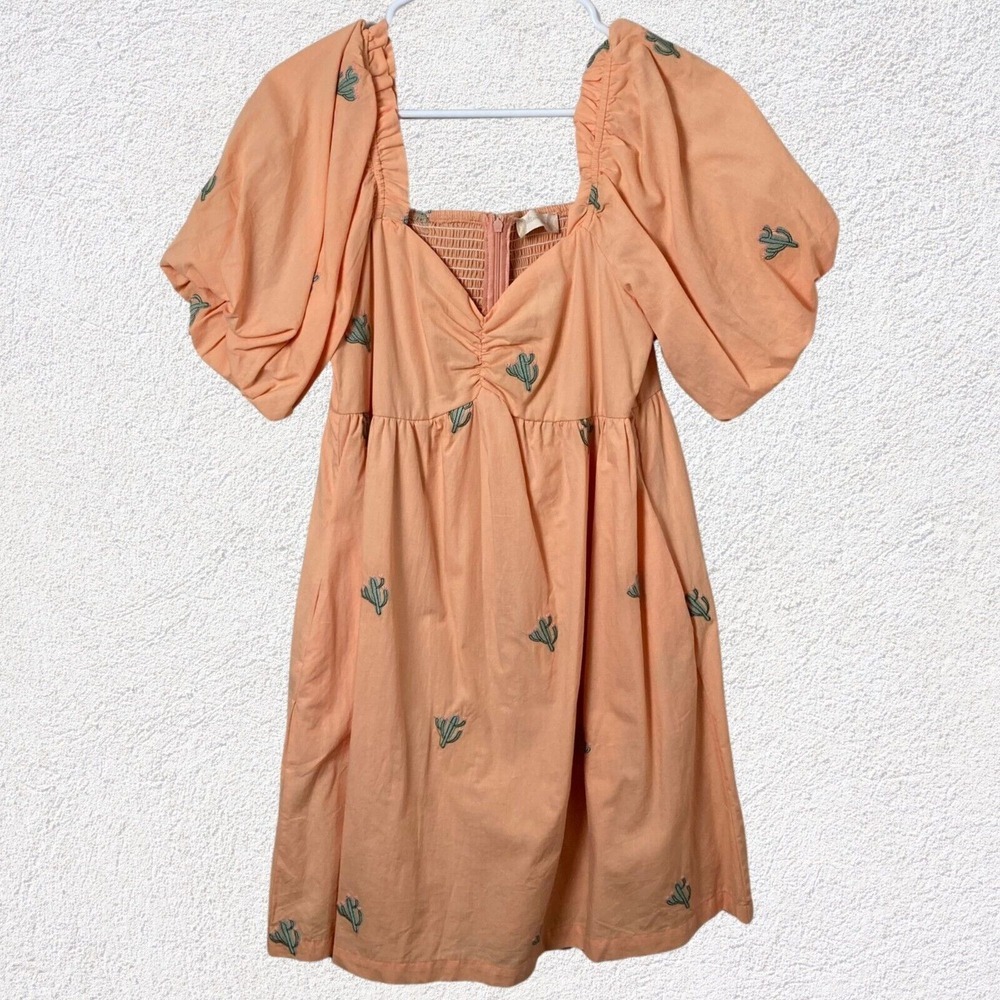 Altar'd State Small Peach‎ Baby Doll Dress Puff Sleeves Cactus Embroidery Boho